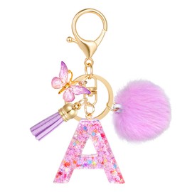 JSRQT Resin Initial Letter Keychain,Fashion Purple Alphabet Key Chains with Butterfly Tassel Pendant,Snowflake Sequins Key Ring for Women Girls Bag Handbag Charms Decor(A)