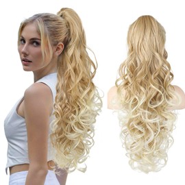 LONAI Ponytail Extension for Women, 26 Inch Claw Clip Ponytail Extensions Wavy Curly Pony Tail Clip in Hair Natural Looking Synthetic Hairpiece for Daily Wear （Medium Blonde with Light Blonde