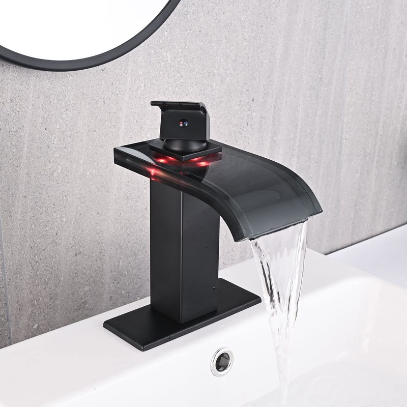 AVSIILE LED Bathroom Sink Faucet, Matte Black Waterfall Single Hole