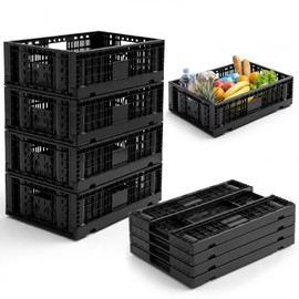 4 Pack Large Collapsible Storage Crates 43L Heavy Duty Milk Crates with Handle 23.6 x 15.7 x 6.7 Inch Stackable Plastic Basket for Grocery Garage Car Trunk Planting Home Organizer, Black
