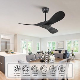 OMYU 42 Inch Black Ceiling Fan no Light with Remote Control,ABS Blades,Reversible DC Motor,Timer Setting,Modern Outdoor Indoor Ceiling Fan without Light for Bedroom Farmhouse Patios Office