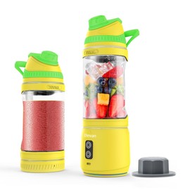 Portable Blender, Anti-Jamming 300 Watt for Shakes and Smoothies, 24oz Travel Blender USB Rechargeable, BPA Free Sporty bottle with a Travel Lid. (Black Base Grey Lid) (Yellow Base Green Lid)