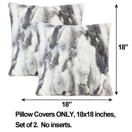 Entua Pack 2 Natural Fur Throw Pillow Covers Sham Soft Luxurious Real Rabbit Fur Pillow Cover with Zipper Gray White Fluffy Pillowcase for Home Couch Sofa Bedroom