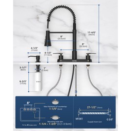 DAYONE Two Handles Kitchen Faucet with Pull Down Sprayer and Soap Dispenser, Spring Matte Black Pull Out Kitchen Sink Faucet for 3/4 Holes Sink, High Arc Stainless Steel Faucet for Kitchen Bar RV