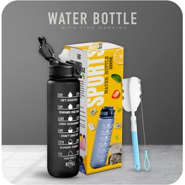K-MART Sports Water Bottle with Straw and Time Marking, and 32OZ Capacity - Motivational and Eco-Friendly BPA-Free Bottle for Running, Gym, Yoga, Outdoors, and Camping (Style-1, Black)
