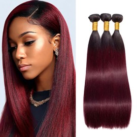 BilltiiWW 1B99j Ombre Burgundy Straight Bundles Black and Burgundy Straight Bundles two tone Brazilian Hair Weave Soft and Silky for Women 8 10 12 Inch