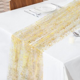 10ft Gold Table Runner, 27x120 Inches Gauze Sheer Chiffon Table Runner Sequin Glitter Metallic Foil Runner, Gold Party Table Decorations Centerpiece for Birthday Wedding Baby Shower Decor