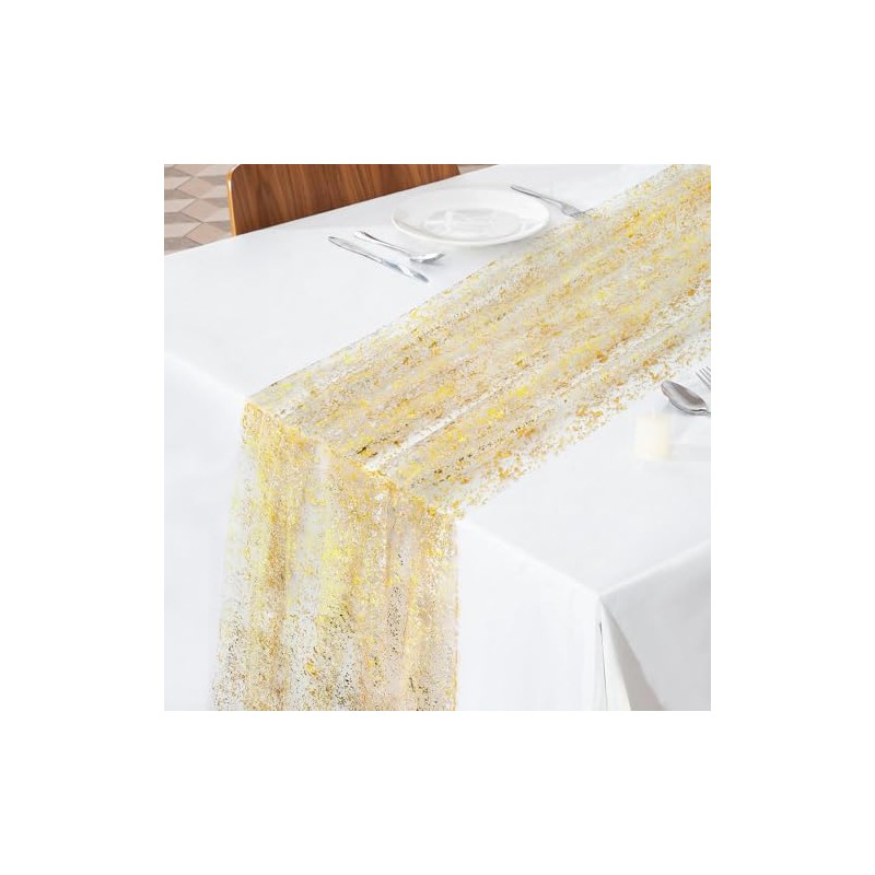 10ft Gold Table Runner, 27x120 Inches Gauze Sheer Chiffon Table