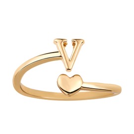 Mikovivi Heart Initial Stackable Rings, Adjustable Pinky Rings Cute Capital Letter Rings Heart Rings Non Tarnish Gold Rings Alphabet Gold Pinky Rings Jewerly Gift for Women (V)