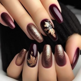 Tyuimhx Fall Maple Leaf Press on Nails Medium Coffin Fake Nails with Gold Glitter Designs Dark Red False Nail Acrylic Autumn Maple Leaves Stick on Nail for Women 24 Pcs