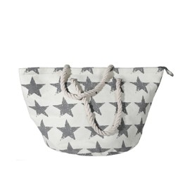 Shopping Bag, Shopper Cream Woven Natural Material with Grey Star Decoration, Cord Handle and Inner Pocket, White