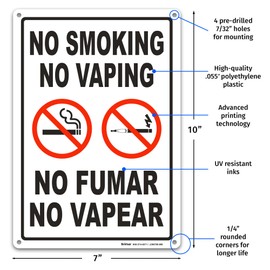 Brimar - 7" x 10" - Bilingual No Smoking No Vaping Sign - .055″ Polyethylene Plastic - Bilingual Text - Bold Text