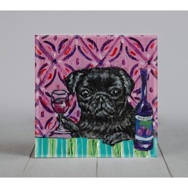 black Pug at the Wine Bar Dog art tile coaster gift