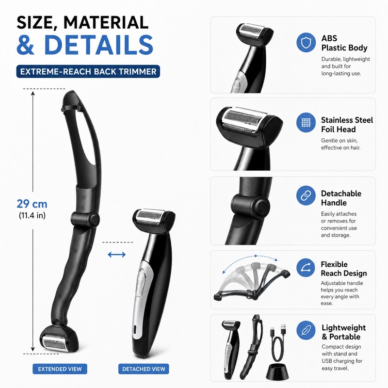 Electric Back Shaver for Men – Detachable Long Handle Body