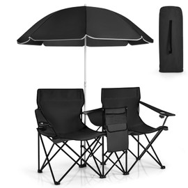 SILKYDRY Double Camping Chair with Canopy, Folding Camp Chairs w/Cup Holder, Cooler & Carry Bag, Table, Side Pocket, 2 Person Portable Beach Chair with Umbrella, for Picnic Fishing (Black)