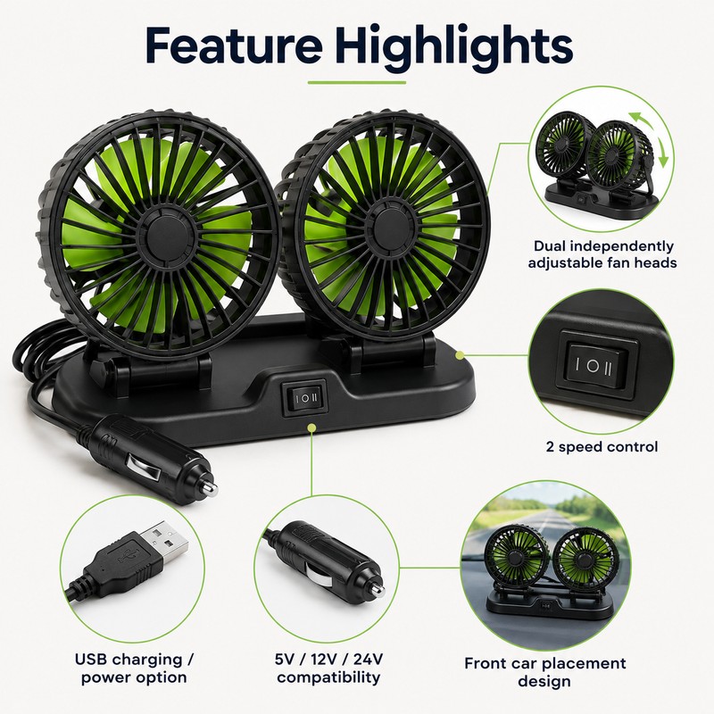 Dual-Head Car Cooling Fan – 2-Speed Adjustable USB Auto Air