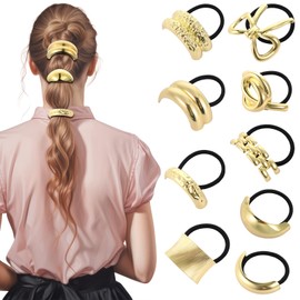 MBAIYO 9 Pcs Gold Metal Hair Ties Geometric, Geometry Elastic Hair Cuffs for Women Ponytail Cuff Holders Alloy Accessories for Thick Tresses