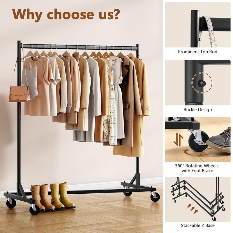 Hoctieon Z Rack, Rolling Clothes Racks with Z-Base, Heavy Duty