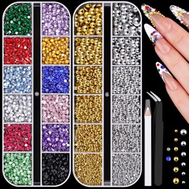 7700Pcs Flatback Pearls and Small Resin Rhinestones for Nail Art, Tiny Colorful Rhinestone Flatback Bedazzling Gems, Nail Rhinestones and Gems Gold Silver Pearls for Acrylic Tips Manicure Decor