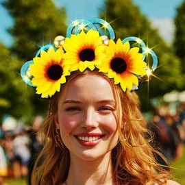 Handcess Light up Sunflower Headband Festival LED Hair Band Glowing Hawaiian Costume Hair Hoop Party Rave Hair Accessories for Women