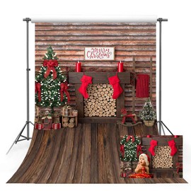 MEHOFOTO 5x7ft Merry Christmas Wood Fireplace Photo Studio Booth Backgrounds Props Winter Wooden Red Stocking Gift Christmas Tree Backdrops for Photography