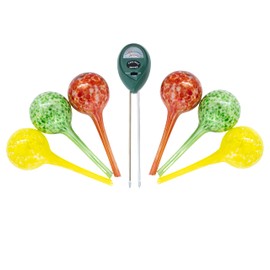 6 Small Plant Watering Globes - Plant Watering Devices - Plant Watering Bulbs - Self Watering Spikes - Hand Blown Glass - Self Watering Planter Insert - Free Moisture Meter - by Cotswold Homeware