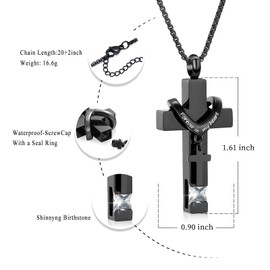 Black Cross Urn Necklace For Ashes Of Loved Ones With Birthstone Always In My Heart Cremation Jewelry Keepsake Pendant Women Men(Clear Stone)