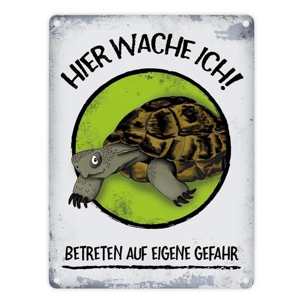 Metal Sign with Turtle Motif and Saying "Hier wache ich!"