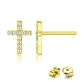 Bellitia Jewelry Cross Stud Earrings Sterling Silver Zirconia Religious Cross Earrings Stud for Women, Gold Plated Tiny Cross Stud Earrings Hypoallergenic