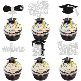 Gyufise 24Pcs Graduation Cupcake Toppers 2024 Silver Glitter Class of 2024 Cupcake Toppers Supplies So Proud of You Congrats Grad Cap Diploma Cupcake Picks for Graduation Party Decorations