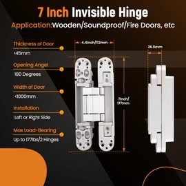 maXpeedingrods 2Pcs Hidden Door Hinge, 7 Inch Invisible Hinges for Doors, 3 Way Adjustable & Heavt Duty Hinges, 180 Degree Concealed Door Hinge for Door Thickness >45mm (Silver)