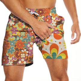 PIANHAUE Mens Swim Trunks with Compression Liner 5 Inch Inseam Quick Dry 70S Vintage Party Swimwear Bathing Suit Swim Board Shorts with 4 Pockets