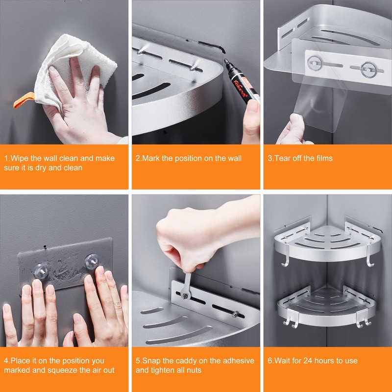 DUFU Adhesive Corner Shower Caddy with Hooks,Bathroom Shower Organizer, No