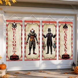 4Pcs Halloween Carnival Decorations Porch Banners, Vintage Clown Hanging Flags 15.7 x 40.9 Inches, Circus Decorations Wall Signs for Doorway, Window, Haunted Party Backdrop