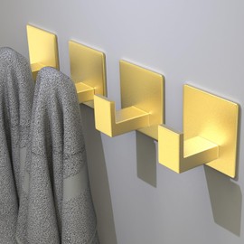 HUFEEOH 2 Pack Adhesive Towel Hooks, Gold Hand Towel Hook Sticky Wall Hooks Shower Towel Hook for Bathroom, Aluminum Small Adhesive Hooks Bathroom Towel Hooks Towel Hanger