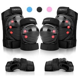 Chepula Protectors for Children and Adults, 6-in-1 Professional Protector Set, Adjustable Knee Pads, Elbow Pads, Wrist Guards, Protective Gear for Skateboard, Skating, Scooters, Inline Skates, black, m