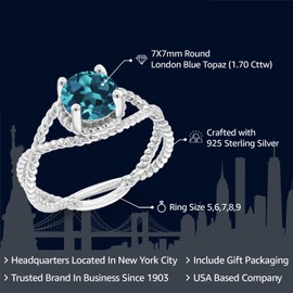 Gem Stone King 1.70 Cttw London Blue Topaz Ring For Women | 925 Sterling Silver | Round Cut 7MM | Gemstone Birthstone | Available in size 5, 6, 7, 8, 9
