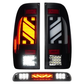 LED Tail Lights Assembly + 3rd Third Brake Cargo Lamp Fit for Ford F250 F350 Super Duty 1999-2007, Rear High Mount Stop Light Taillights Set (Only Fit Fleetside Models), Smoked Lens