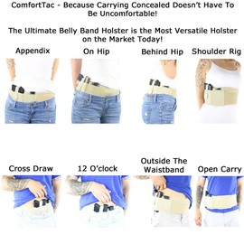 ComfortTac Ultimate Belly Band Holster for Concealed Carry | Fits Smith and Wesson Bodyguard, Shield, Glock 19, 17, 42, 43, P238, Ruger LCP, and Similar Sized Guns | for Men and Women