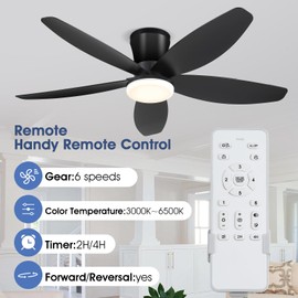 Surtime 42" Ceiling Fans with Lights-Low Profile Ceiling Fan with Light and Remote/APP Control,Flush Mount,DC Reversible,LED Dimmable Blakc Ceiling Fans for Bedroom,Indoor/Outdoor Patio Use
