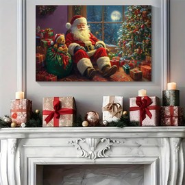 YONICA Christmas Canvas wall art, Santa Claus preparing gifts, Christmas Decor Artwork Print on Canvas, Christmas Theme for Living Room Home wall Decor 24x18 Inches