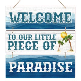 Summer Wooden Wall Hanging Plaque Sign - Welcome To Our Little Piece Of Paradise - 3Pcs Set Seasonal Summer Wooden Sign Decoration - Sea Theme Rustic Wall Art Decor For Home Office Bedroom-A01