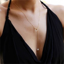 Zeshimb Boho Pearl Pendent Necklace Long Pearl Y Lariat Necklace Geometric Tringle Choker Necklace Gold Tringle Y Necklace Jewelry for Women and Girls