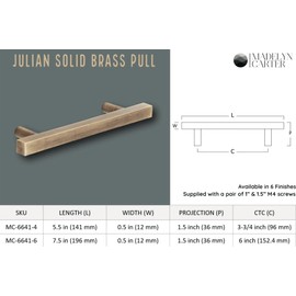 Madelyn Carter Solid Brass Handles | Sleek Hardware for Kitchens & Bathrooms | Multiple Finishes & Sizes