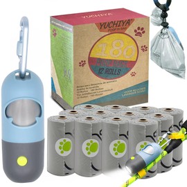 YUCHIYA Dog Poop Bags Holder with LED Flashlight Doggie Poop Bags Dispenser with 13 Rolls Blue Leak-Proof Dog Waste Bags and Pet Walking Accessories(Sky Blue)