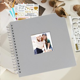 Miaikoe 20.5x20.5 cm DIY Scrapbook Album with Window Hardcover Kraft Blank Paper Scrap Book with 20 Sheets Photo Album for Guest Book, Family Wedding Anniversary (Grey)