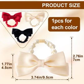 Pndeyo 3pcs Ribbon Bow Scrunchie for Women, Non-Slip Bowknot Hair Ties Band, Elastic Bow Ponytail Holder Hair Accessories for Thick Thin Curly Straight Long Hair- Black & Red & White