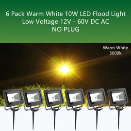 ZSGoes 6 Pack Warm White 10W LED Flood Light Outdoor Waterproof IP65, Wall Security Landscape Lamp, Home, Square, Yard, Garage, Street, Pathway, Spike Stand, Low Voltage 12V 24V 36V 48V 60V DC AC