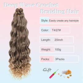 MLETULIPS Curly Crochet Braiding Hair Extensions Deep Wave Braiding Hair Ocean Wave Crochet Hair Soft Synthetic Bohemian Curly Water Wave Crochet Braids for Women (T4/27#, 20 inch/3 pack)