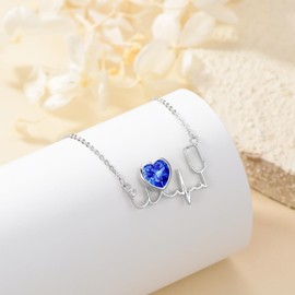 DONGHU Stethoscope Necklace Sterling Silver Nurse Birthstone Necklace for Women Heartbeat Stethoscope Jewelry for Doctor Medical Student Nurse Gift September Birthstone